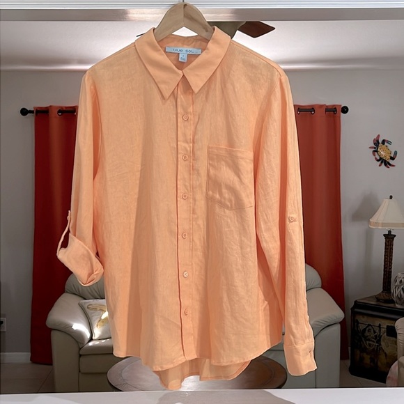 Blue Sol Womens Linen Rayon Solid Button Down Roll Tab Sleeve Top Sz L Peach NWT - Picture 1 of 6
